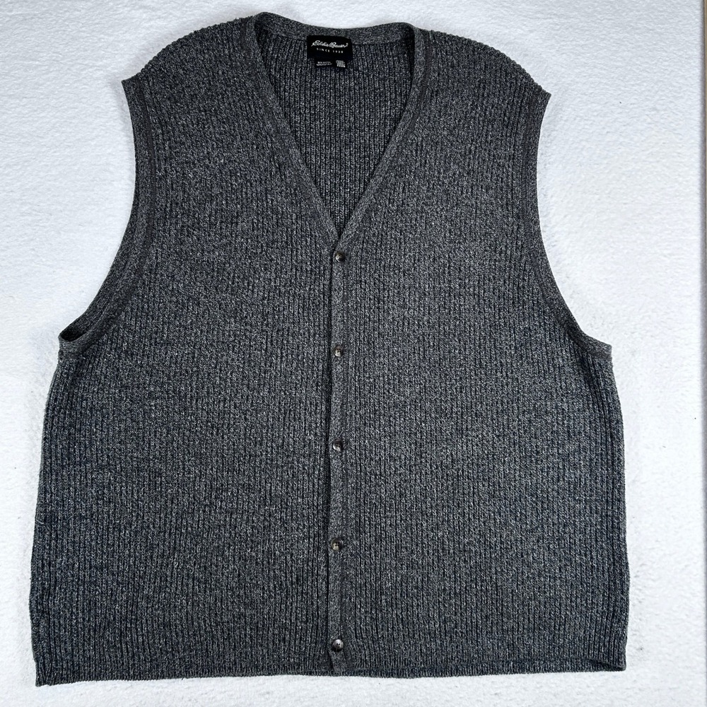 Eddie Bauer Mens XXXL Tall Gray Ribbed Cotton‎ Blend Button Front Sweater Vest